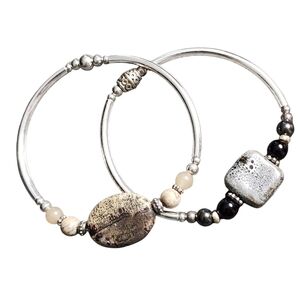 Picture Jasper Tan and Gray Silvertone Beaded Bracelet Set